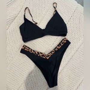 Black and Tan Leopard Print Cheeky Bikini Set
